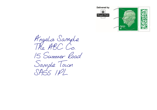 An addressed envelope with a Royal Mail stamp