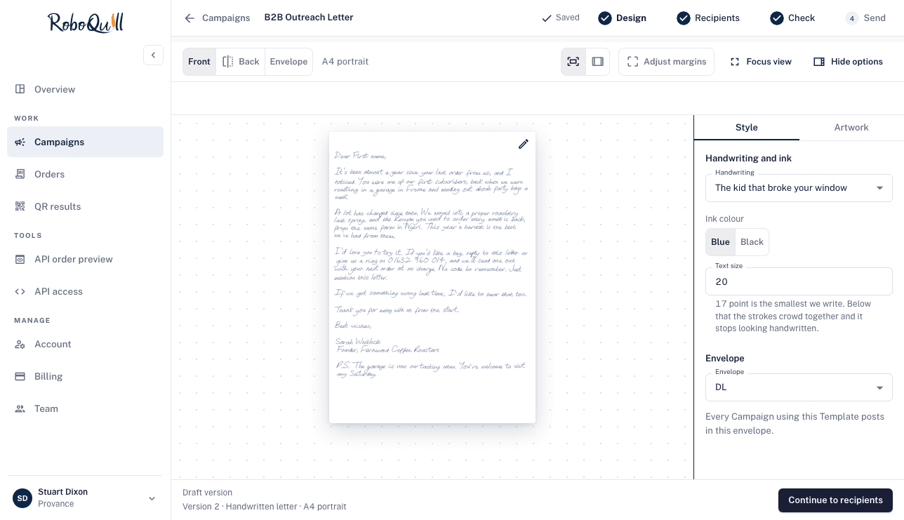 Designing a letter in the RoboQuill campaign builder: the A4 letter in handwriting, with handwriting, ink colour, text size and envelope options