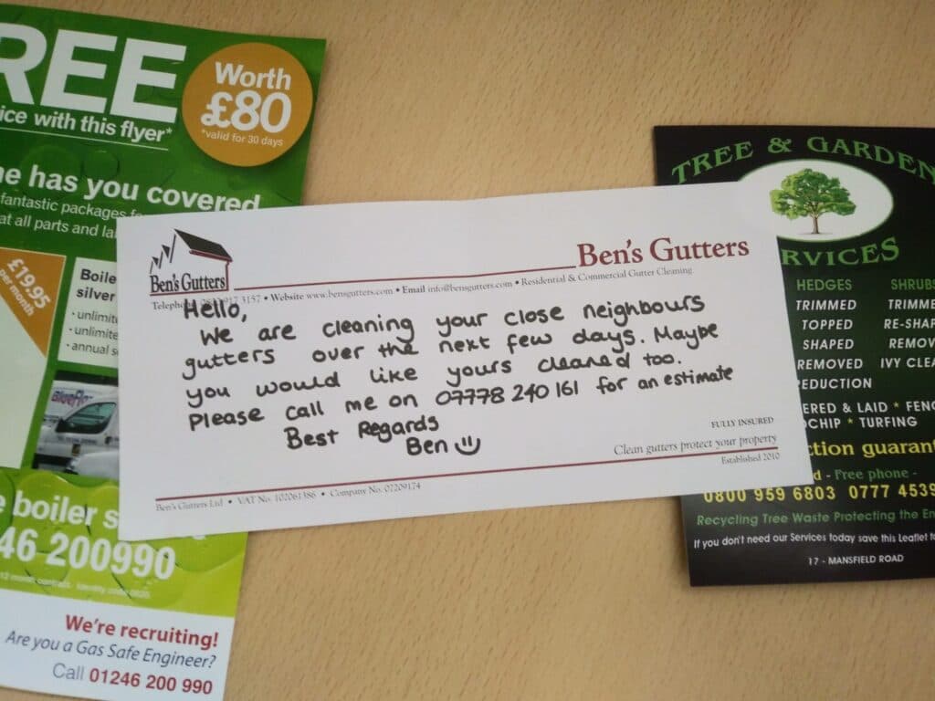 Hand written complement slip vs glossy full colour leaflets